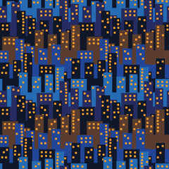 A seamless vector urban pattern with skyscrapers in the evening. Surfface print design.