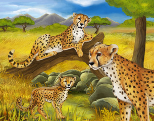 cartoon scene with cheetah resting on tree with family illustration for children