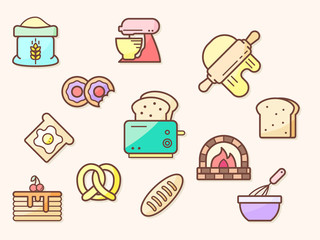 Vector illustration of a bread and bakery elements. Contains such as Pretzel, donut, toaster, flour and more. Flat illustration style line drawing and background color beige.