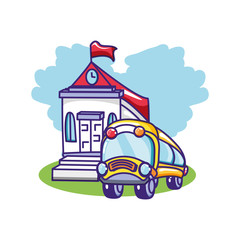 school building with bus transportation