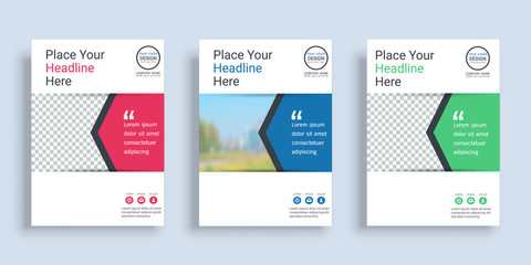 Naklejka premium Poster cover book design template in A4 layout with space for photo background, 3 Color ways included, Use for annual report, proposal, portfolio, brochure, flyer, leaflet, catalog, magazine, booklet.
