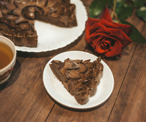 Homemade brownie cake on the wooden table.Home bakery, chocolate cake.