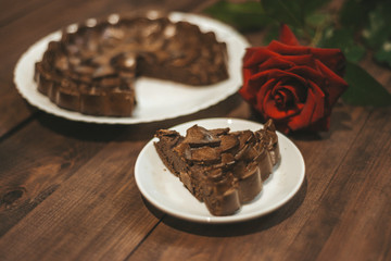 Homemade brownie cake on the wooden table.Home bakery, chocolate cake.