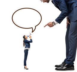small businesswoman shouting in mouthpiece at big businessman Isolated On White with Speech Bubble