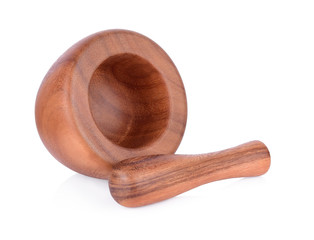 Thai product, wooden mortar and pestle isolated on white background.