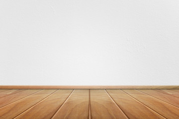 Empty interior room with white cement wall texture and brown wooden floor pattern. Concept interior vintage style