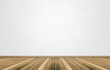 Empty interior room with white cement wall texture and brown wooden floor pattern. Concept interior vintage style