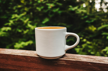 A white cup of tea stands on a wooden railing against the background of trees in the park. The concept of outdoor recreation, camping, healthy natural drinks.