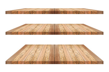 Set of brown wood shelves on isolated white background. Objects with clipping path for design work...