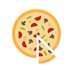 Vector illustration of flat italian pizza with a slice.