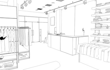 shopping mall, contour visualization, 3D illustration, sketch, outline