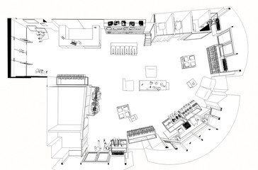 shopping mall, contour visualization, 3D illustration, sketch, outline