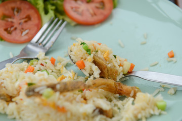Close up of fire rice for breakfast left in the plate