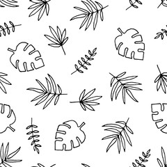 Vector seamless pattern with hand drawn outline palm leaves.
