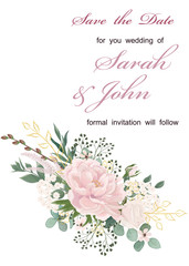 Wedding invitation with flowers Peony and leaves, watercolor, isolated on white. Vector Watercolour.