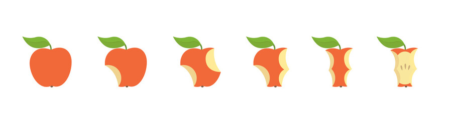Red apple fruit bite stage set. From whole to apple core gradual decrease. Bitten and eaten. Animation progression. Flat vector illustration.