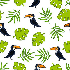 Vector seamless pattern with hand drawn colorful palm leaves and toucans.