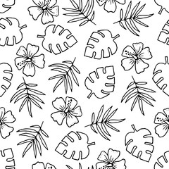Vector seamless pattern with hand drawn outline palm leaves and hibiscus.