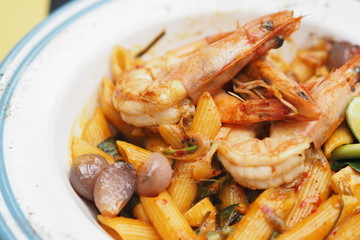 Fusion Food Creamy Tom Yam Kung Penne - Thai Hot and Sour Soup with Shrimp