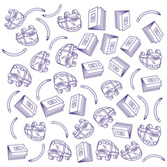 pattern of books with pencils and bus transportation