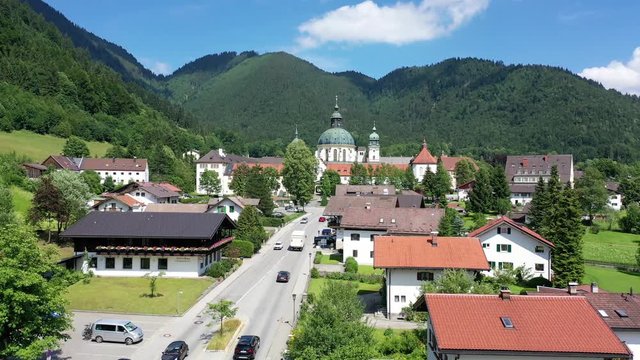 Main facade of Ettal Abbey, Kloster Ettal near Oberammergau, a Benedictine monastery in the village of Ettal, Bavaria, Germany.