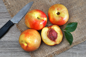 fresh nectarine fruit also as known peach fruit and a knife served on burlap background