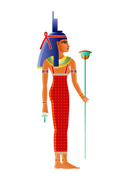 Ancient Egyptian major goddess Isis. Deity Isis, wife of Osiris. 3d cartoon vector illustration. Old mural paint art icon from Egypt. Historical god sign isolated on white background