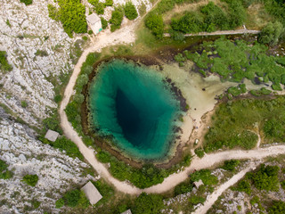 Croatia, august 2019: The spring of the Cetina River (izvor Cetine) in the foothills of the Dinara...