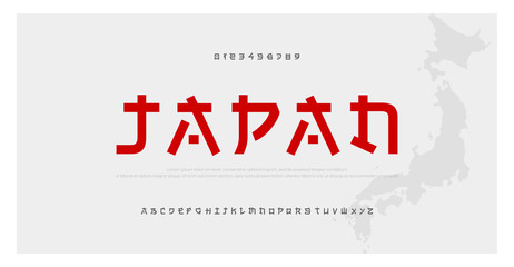 Czcionka alfabetu japońskiego nowoczesnego stylu. Typografia japońskie azjatyckie czcionki i liczba. Angielskie litery wielkie i cyfry. Ilustracja wektorowa - 283148562
