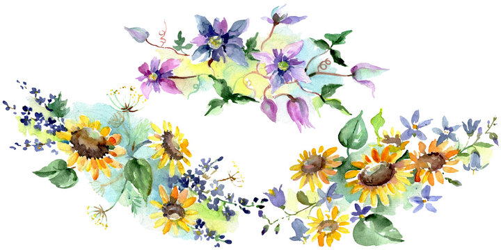 Bouquet with sunflowers floral botanical flowers. Watercolor background set. Isolated bouquets illustration element.