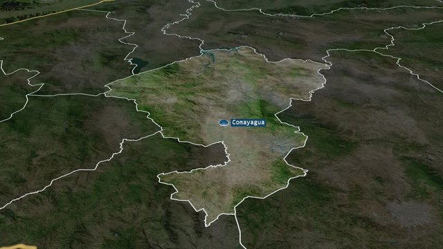 Comayagua - department of Honduras with its capital zoomed on the satellite map of the globe. Animation 3D