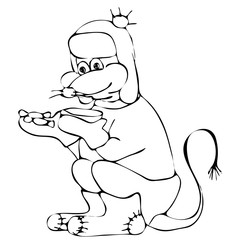 Fat mouse in winter with a cup and candies wearing warm clothes. Animal symbol of Chinese New Year 2020. Monochrome sketch, hand drawing. Black outline on white background. Vector illustration