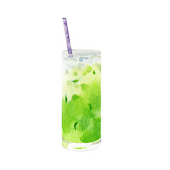 Hand drawn watercolor matcha cocktail