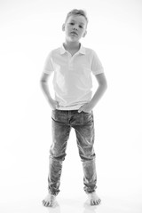 Naklejka premium Trendy teen boy. Black and white photo. 