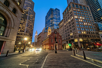 Scene of Boston Old State House buiding at twilight time in Massachusetts USA, Architecture and building with tourist concept
