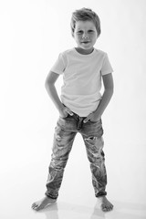 Fashionable little boy. Black and white photo. 