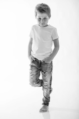 Fashionable little boy. Black and white photo. 