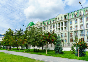 Mountain ash spread along a pedestrian walkway in the Black Lake Park in Kazan. Russia