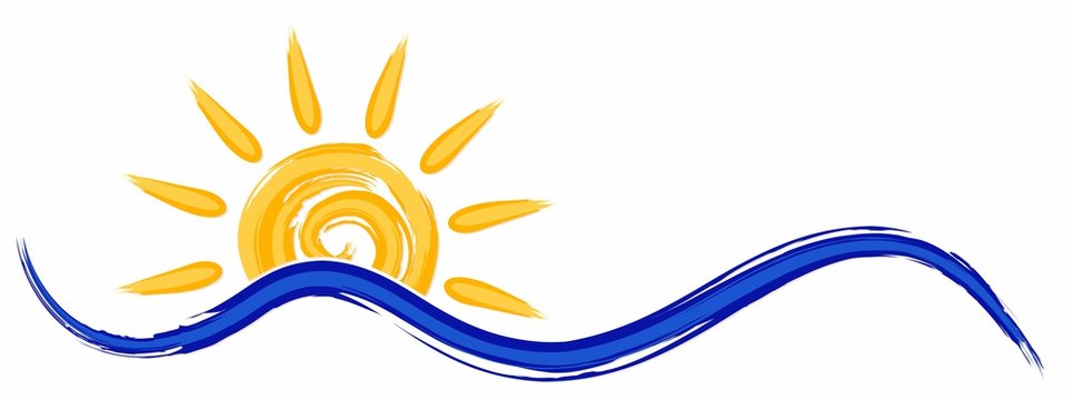Symbol of bright summer sun with beams and Sea.