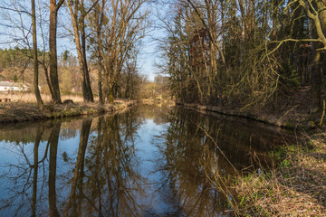 Fototapeta na wymiar Trebuvka river with trees reflected on water ground near Lostice town in Czech republic