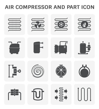 Air compressor or air condenser unit is a part of air conditioning HVAC systems. Vary type of compressor such as reciprocating, scroll, rotary, rotary vane. Including receiver. Vector icon design.