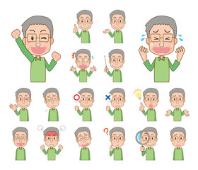 お年寄り　おじいさん　高齢者　ポーズ　表情　セット　主線あり