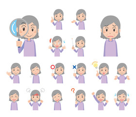 お年寄り　おばあさん　高齢者　ポーズ　表情　セット