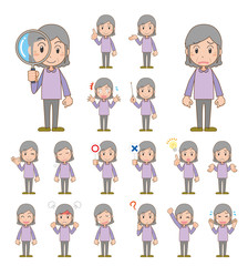 お年寄り　おばあさん　高齢者　ポーズ　表情　セット　主線あり