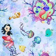 Fototapeta na wymiar Mermaid fairytale seamless pattern. siren song underwater