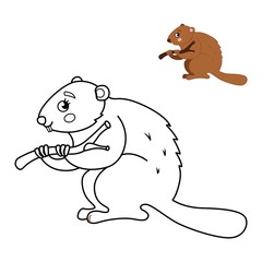 Coloring book for children. Forest animals. Cute cartoon beaver.