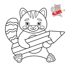 Coloring book for children. Cute cartoon cat with pencil.