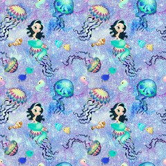 Obraz na płótnie Canvas Mermaid fairytale seamless pattern. siren song underwater