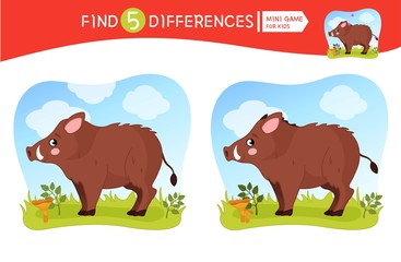 Find differences.  Educational game for children. Cartoon vector illustration of cute boar.