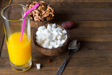 Raw diet snack on wooden table with copy space.